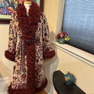 Curly Mongolian Lamb Fur & Tapestry Princess Coat by Anne Klein c.1970 - sz S- M